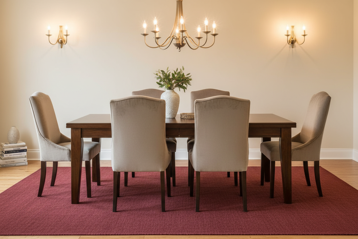 Alfombra borgoña en comedor elegante