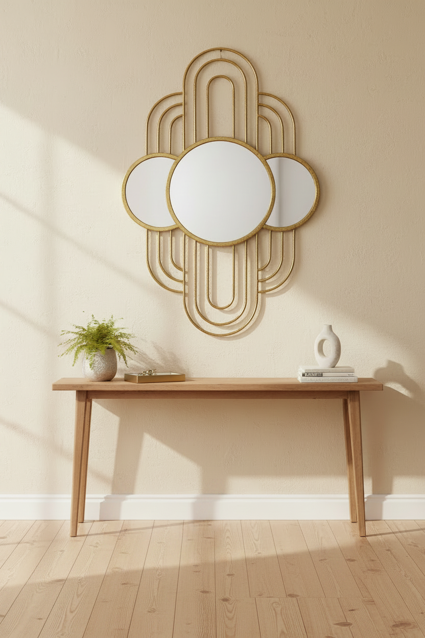 Espejo Art Déco dorado en entrada de casa piso madera