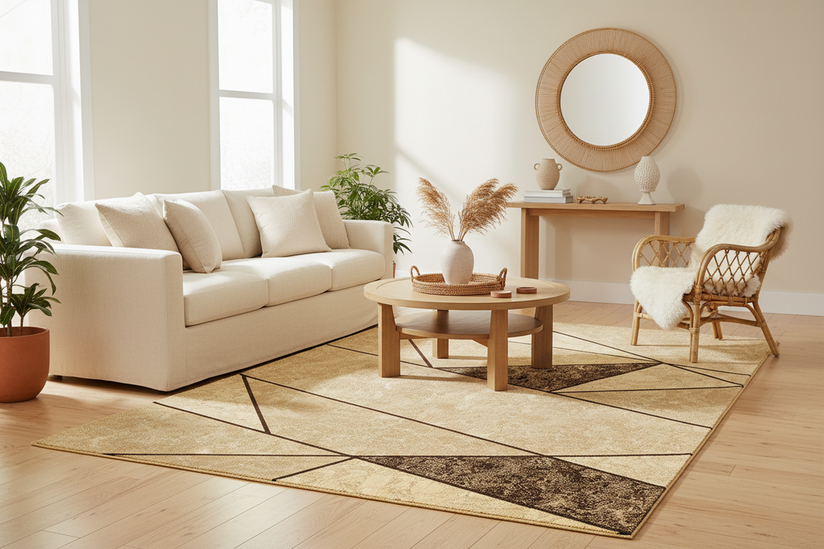 Alfombra geométrica beige marrón en salón moderno cálido