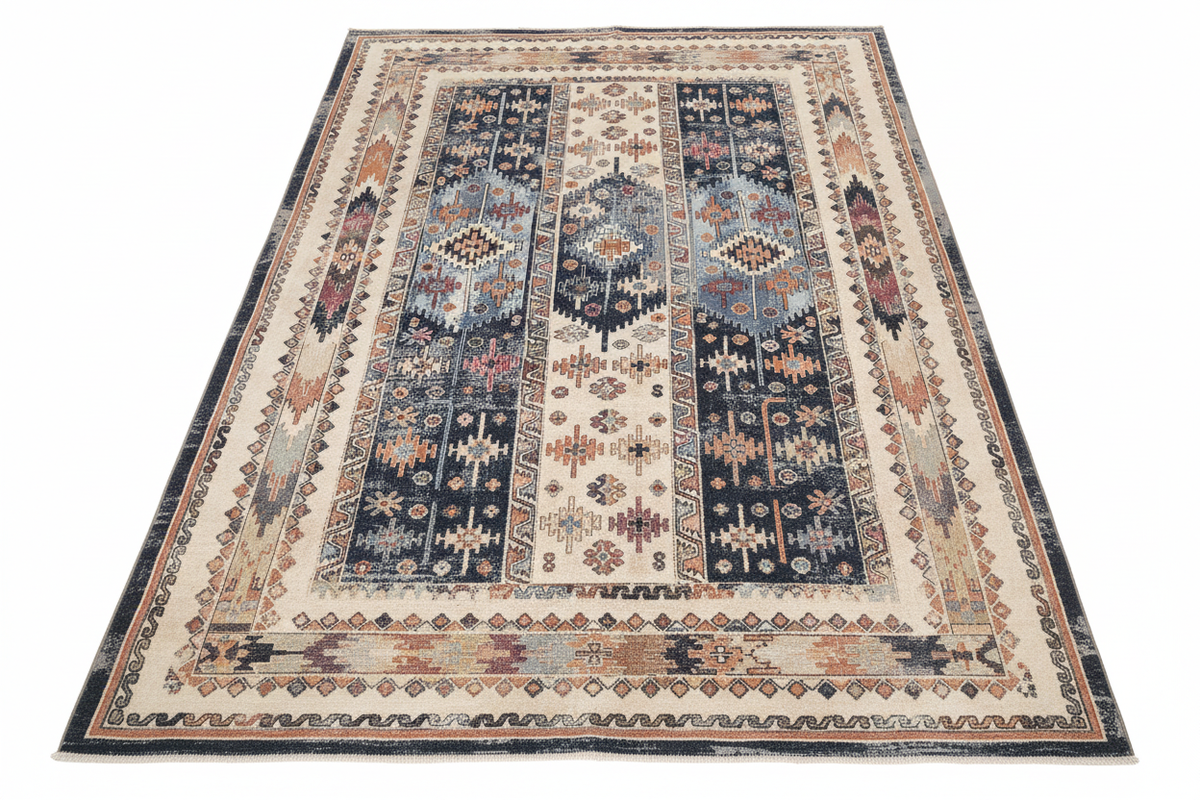 Alfombra kilim turca azul navy fondo blanco producto limpio