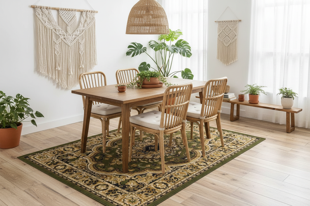 Alfombra persa verde dorado en comedor bohemio