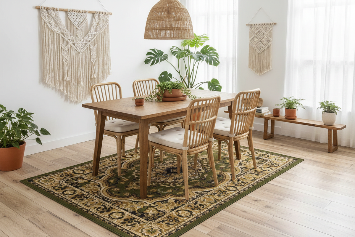 Alfombra persa verde dorado en comedor bohemio