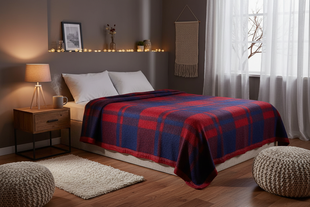 Frazada rojo y azul en dormitorio hygge