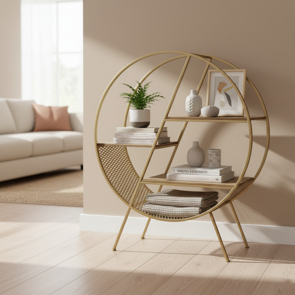 Estante circular dorado en living moderno con plantas y decoración