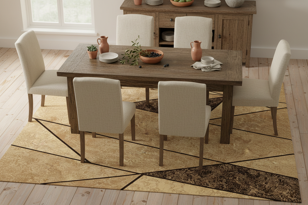 Alfombra geométrica beige marrón en comedor mediterráneo rústico