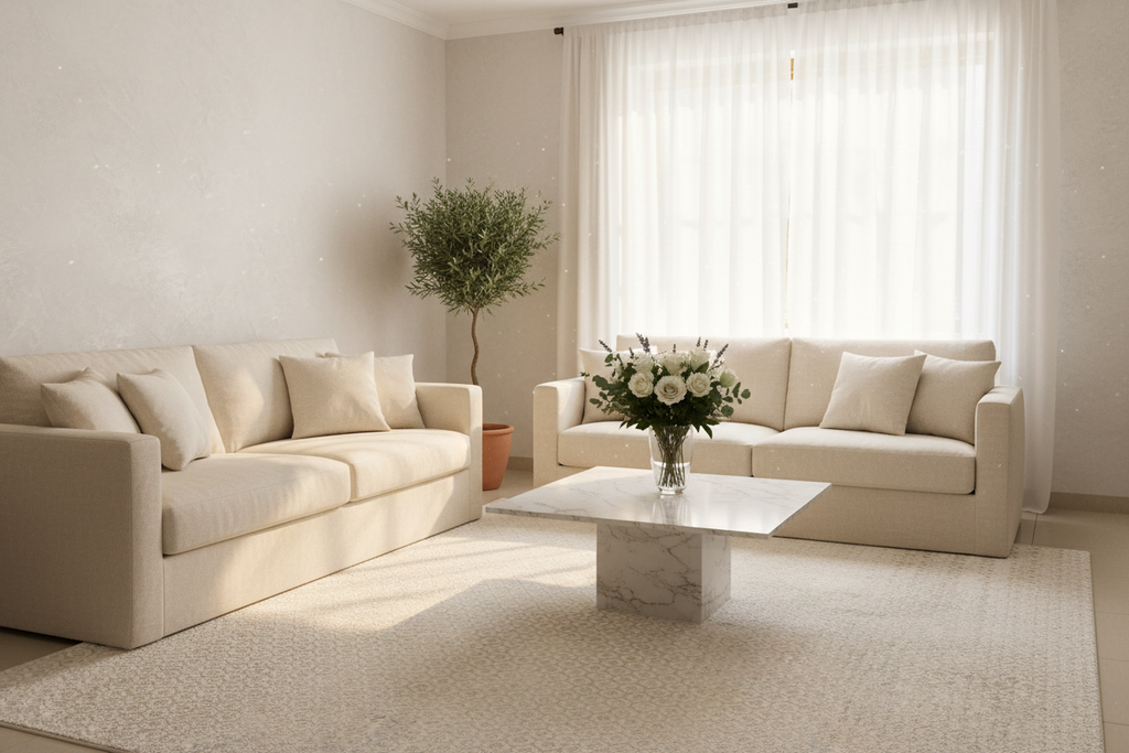Alfombra ivory en ambiente living elegante mediterráneo