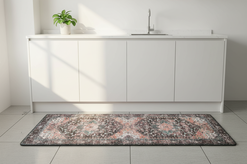 Mat persa vintage en cocina minimalista pequeña