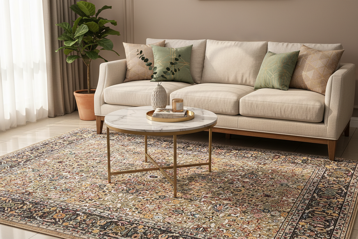 Alfombra persa floral all-over – ambiente living