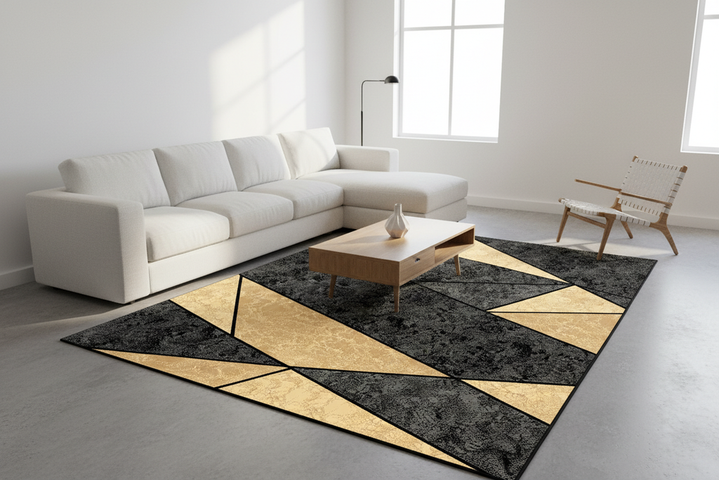 Alfombra geométrica negro dorado en sala minimalista