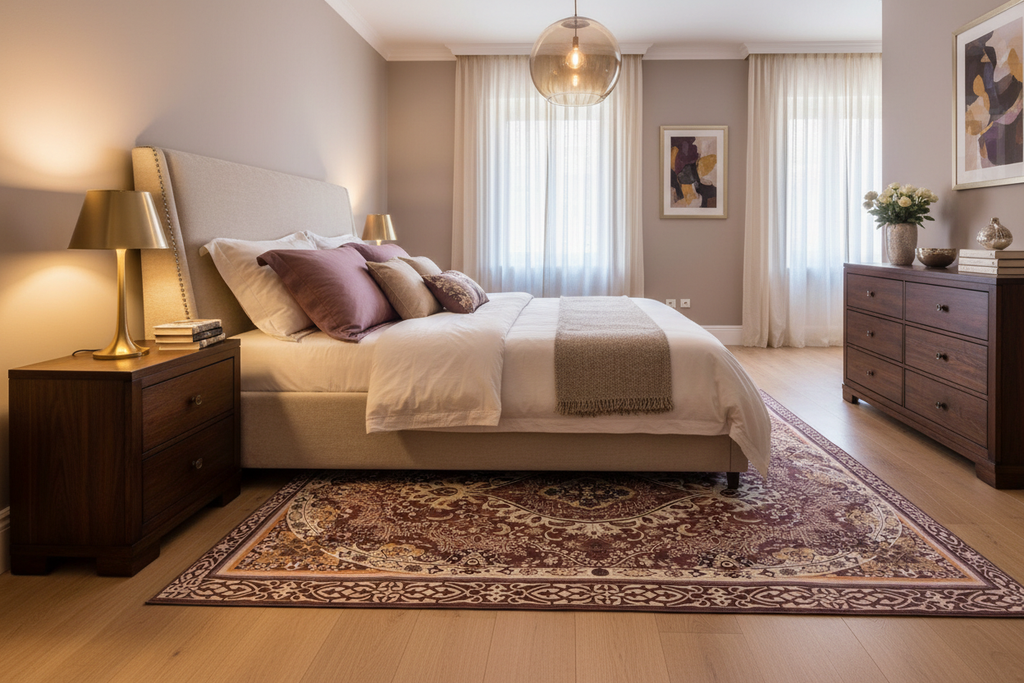 Alfombra persa mauve en ambiente dormitorio elegante