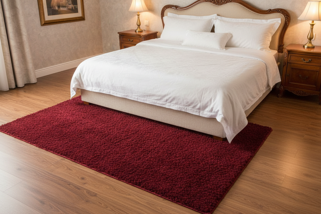 Alfombra Shaggy Doral Roja en dormitorio elegante
