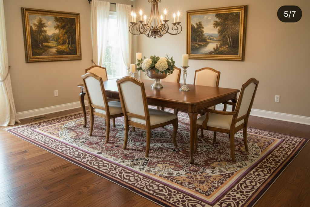 Alfombra persa medallón en comedor elegante sin flecos