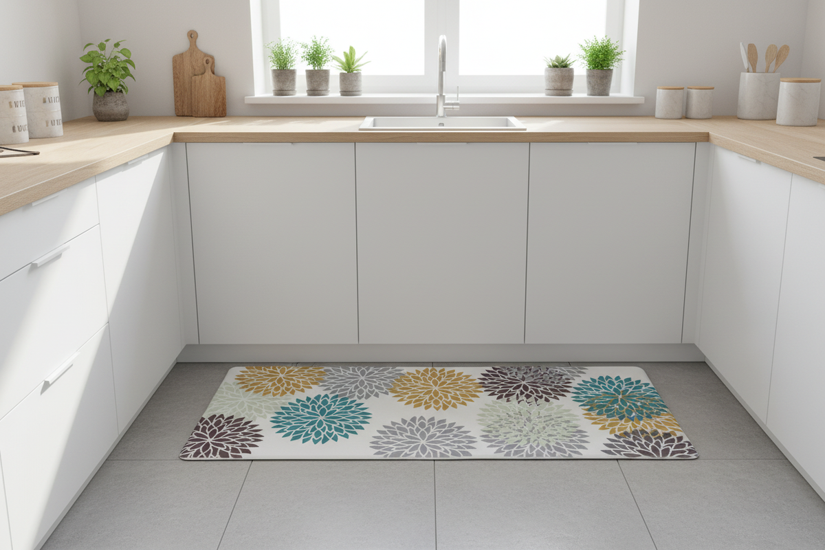 Alfombra vinílica flores en cocina escandinava