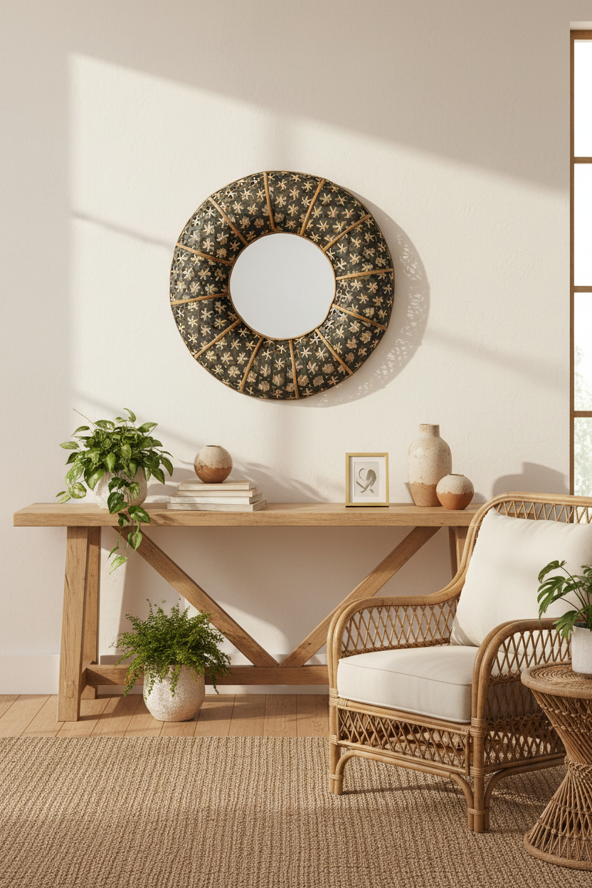 Espejo bambú tejido en living bohemio