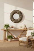 Espejo bambú tejido en living bohemio
