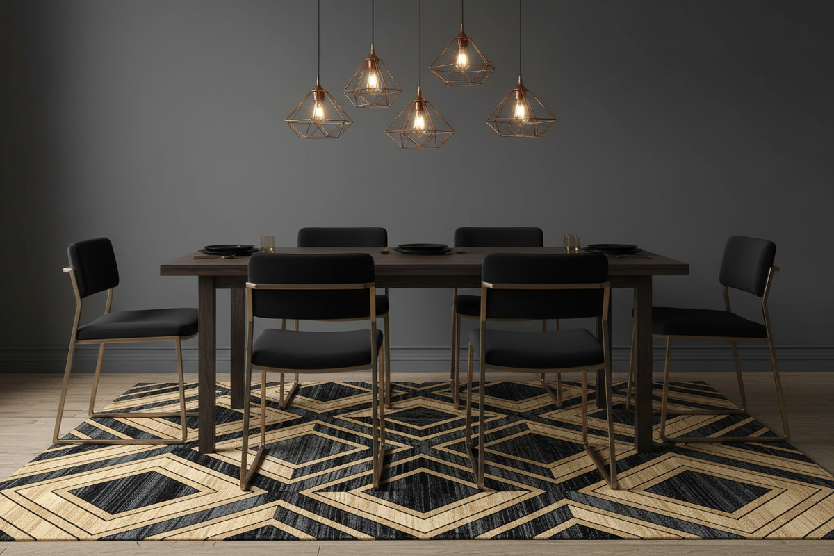 Alfombra Art Decó negro y dorado en comedor elegante con paredes oscuras e iluminación dorada