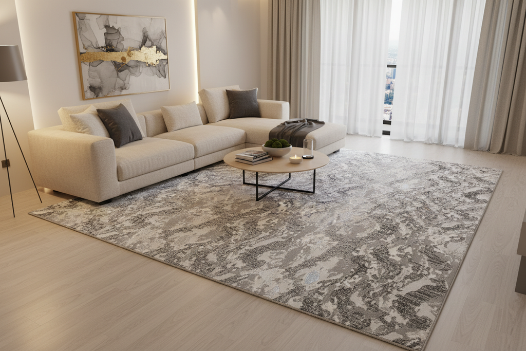 Alfombra abstracta en living moderno