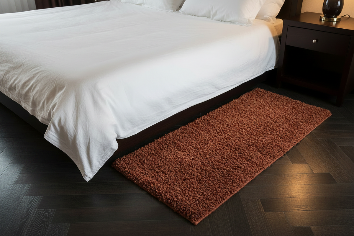 Alfombra Shaggy Doral Terracota bajada de cama lateral
