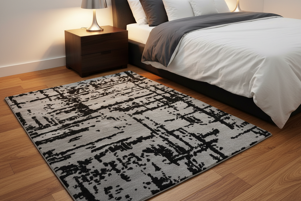 Alfombra abstracta al lado de la cama dormitorio