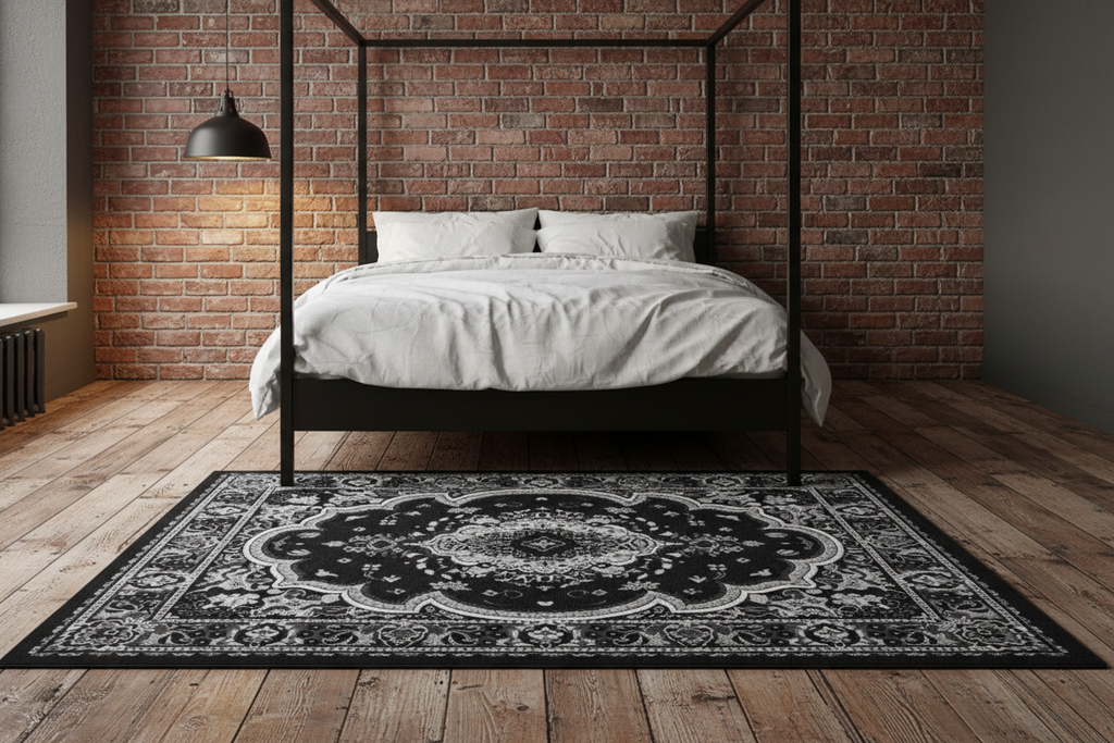 Alfombra persa negro gris en dormitorio industrial