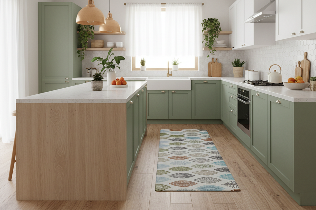 Mat hojas multicolor en cocina boho contemporánea