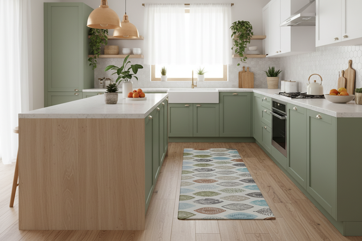 Mat hojas multicolor en cocina boho contemporánea