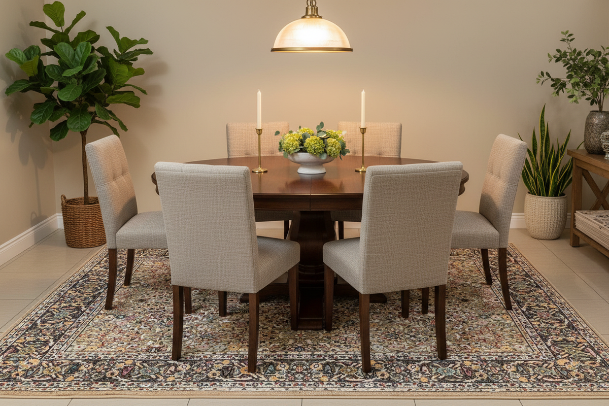 Alfombra persa floral all-over – ambiente comedor clásico