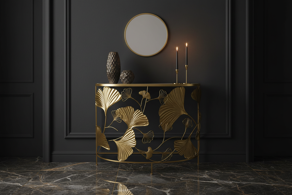 Consola dorada ginkgo con pared oscura estilo dramático