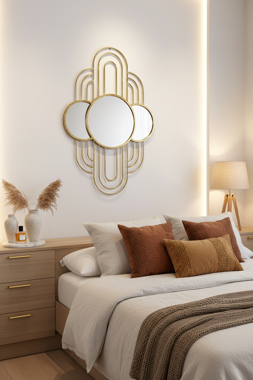Espejo Art Déco dorado en dormitorio elegante