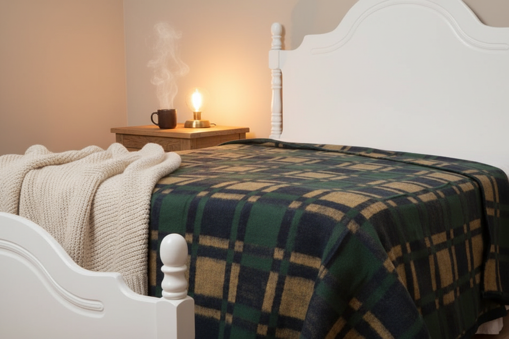 Frazada tartán verde en dormitorio hygge