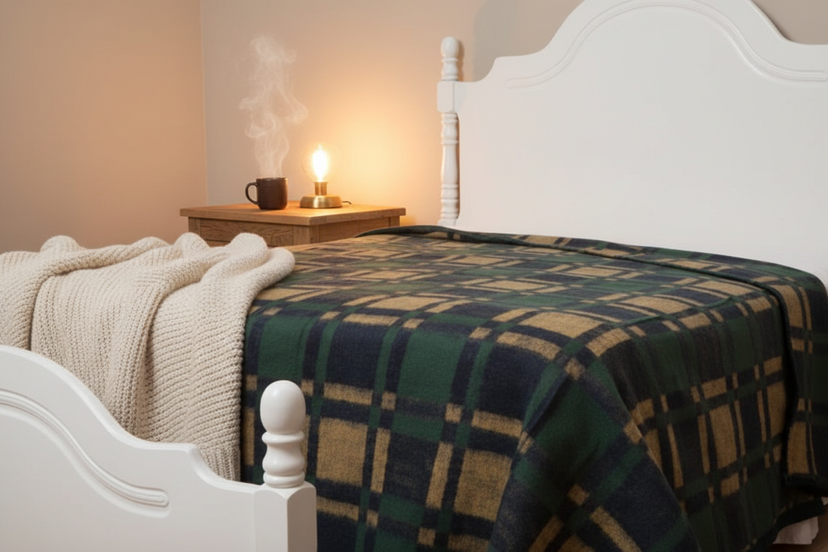 Frazada tartán verde en dormitorio hygge
