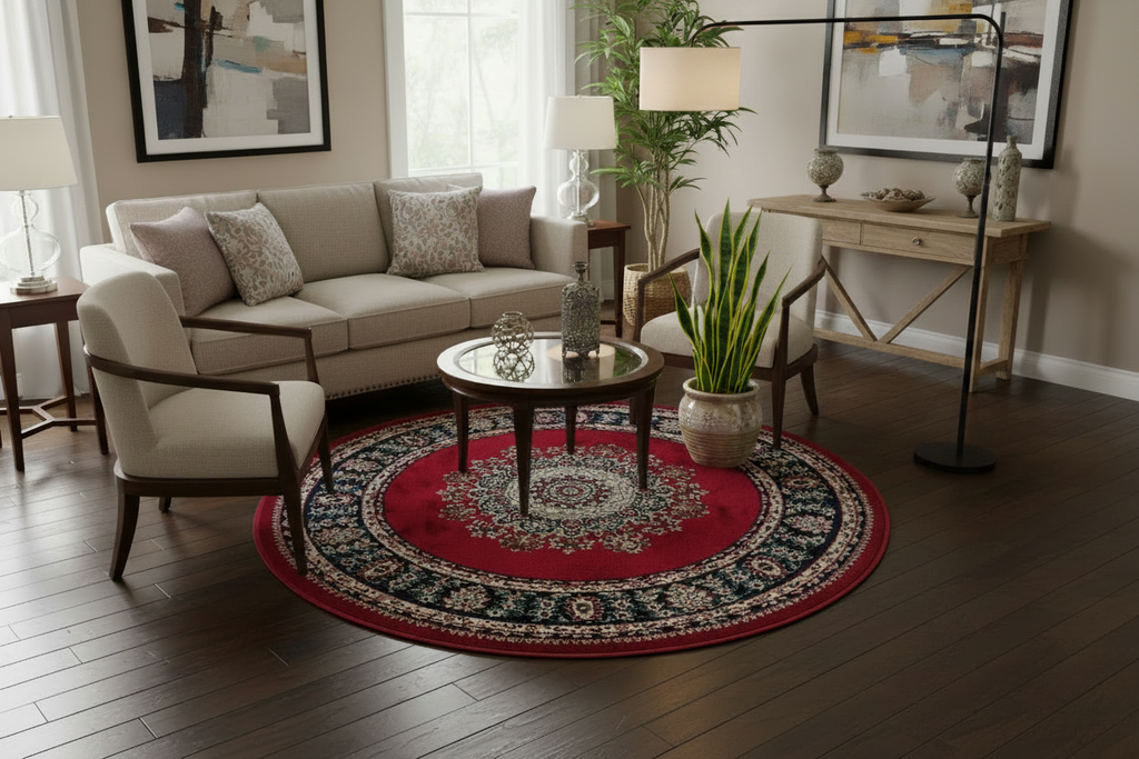Alfombra redonda en living con planta y lámpara