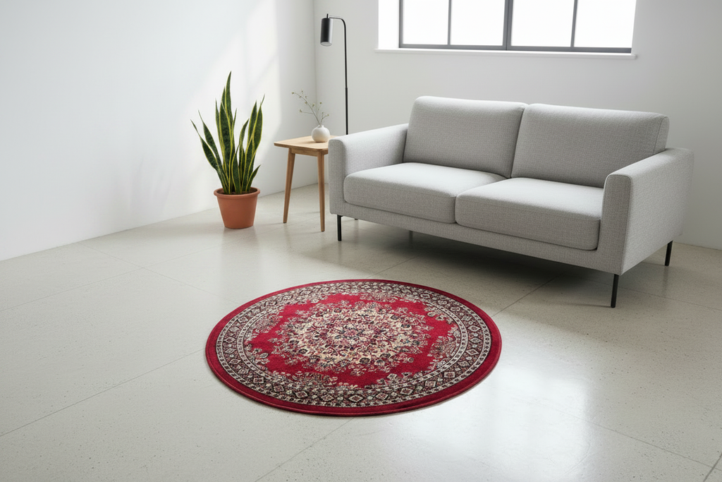 Alfombra redonda en living minimalista con planta y lámpara