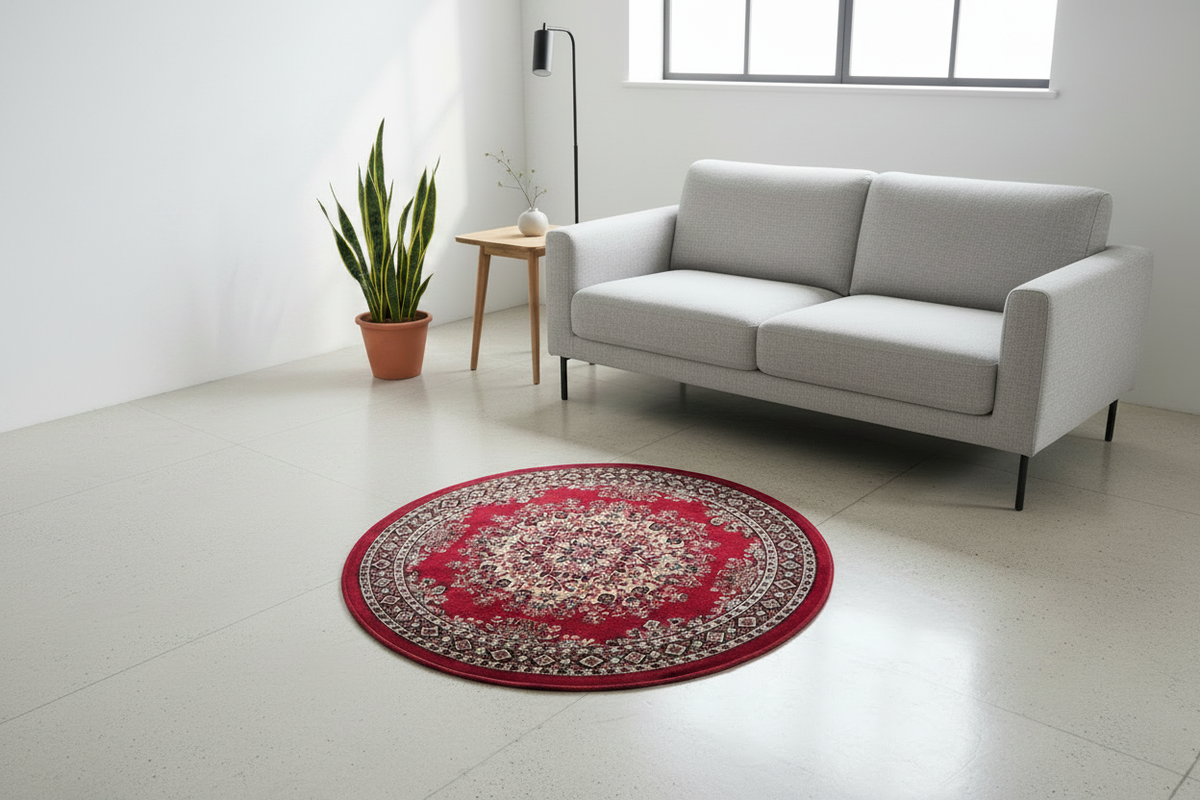 Alfombra redonda en living minimalista con planta y lámpara