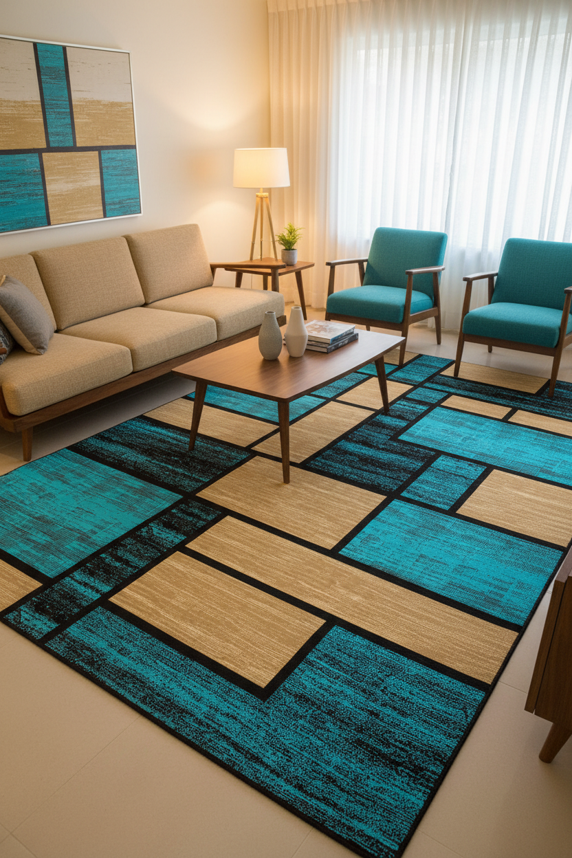 Alfombra geométrica turquesa en living moderno