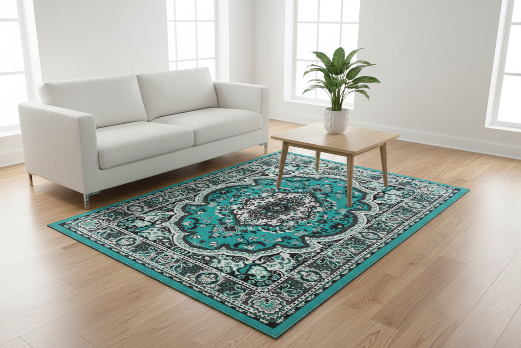 Alfombra persa turquesa en living minimalista