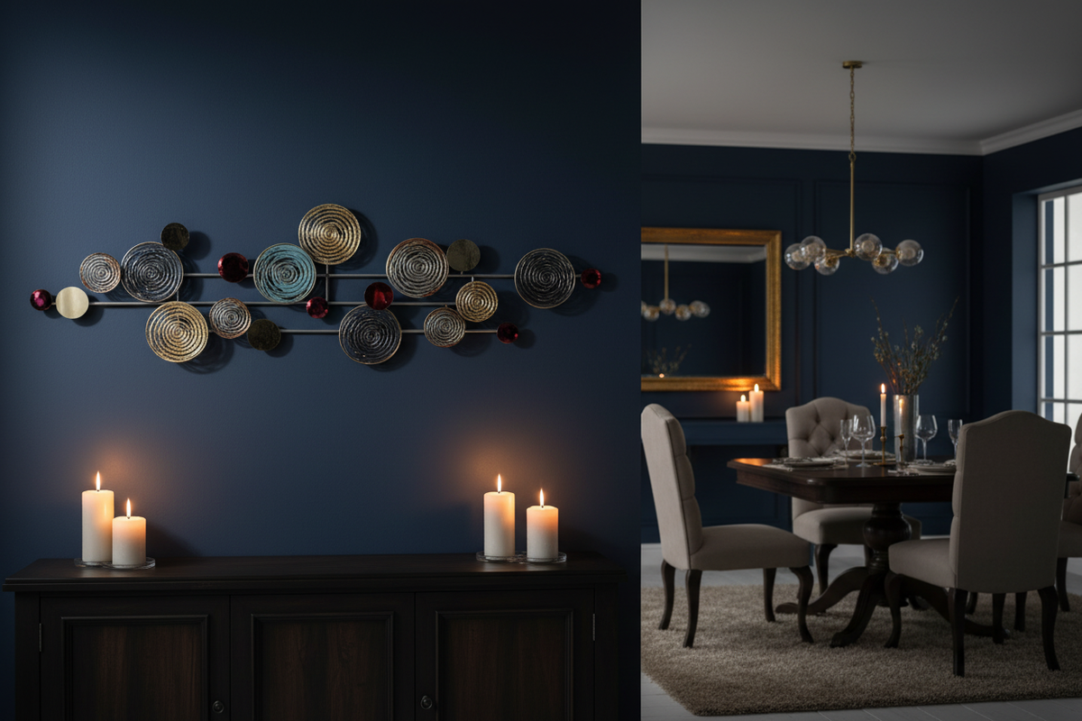 Decoración metálica espirales en ambiente premium con pared oscura