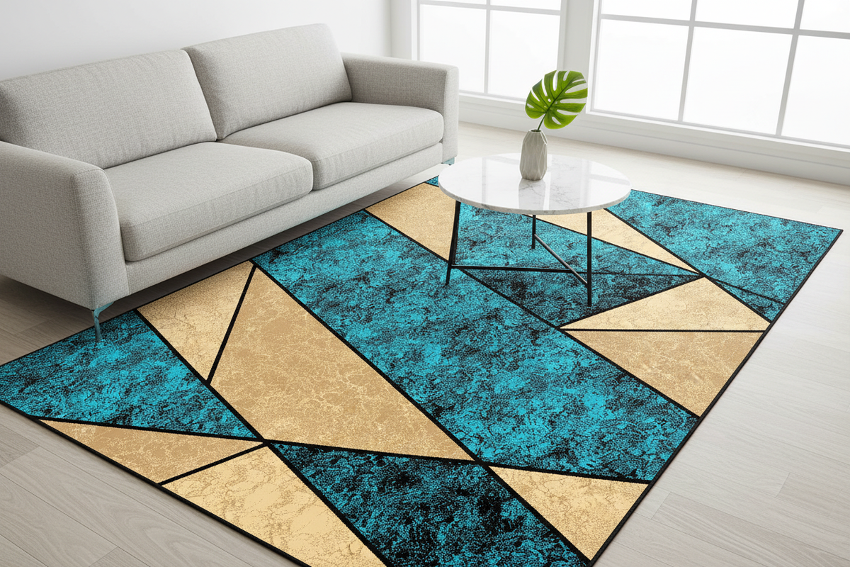 Alfombra geométrica turquesa dorado en salón contemporáneo