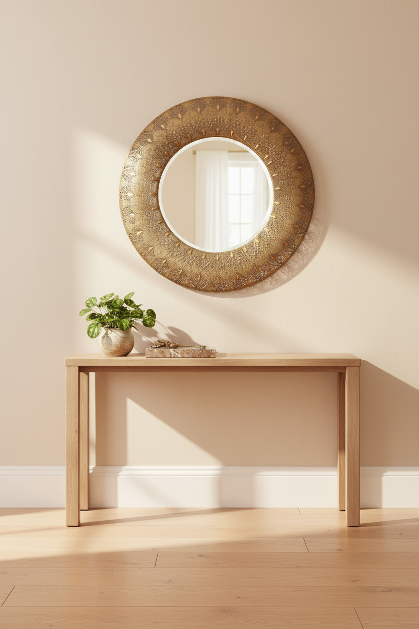 Espejo dorado filigrana en entrada beige luminosa