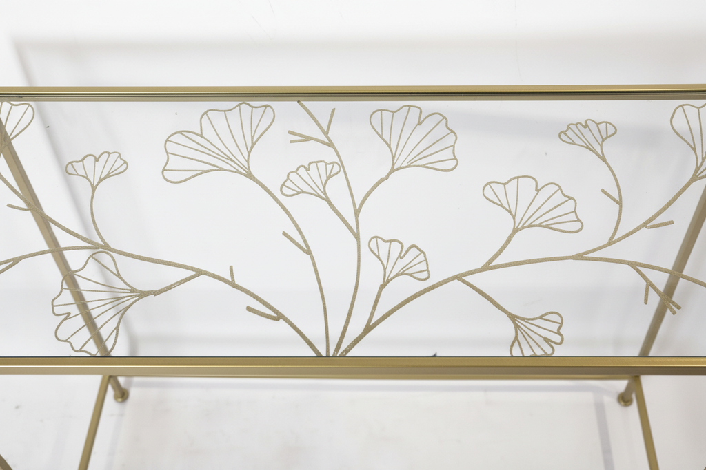 Detalle diseño hojas de ginkgo grabado en vidrio