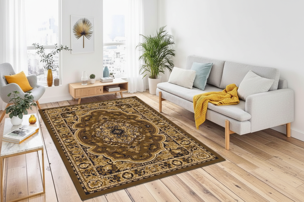Alfombra persa café dorado en living minimalista