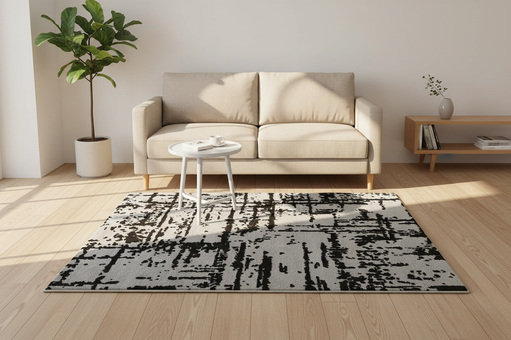 Alfombra abstracta en living minimalista pequeño