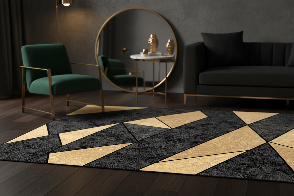Alfombra geométrica negro dorado en salón luxury