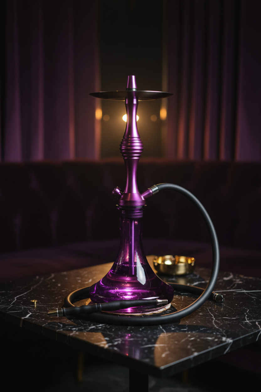 Cachimba hookah morada en ambiente premium con mármol