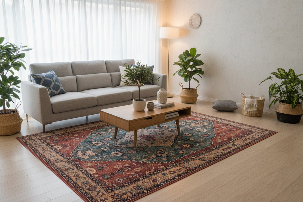 Alfombra persa en ambiente living moderno