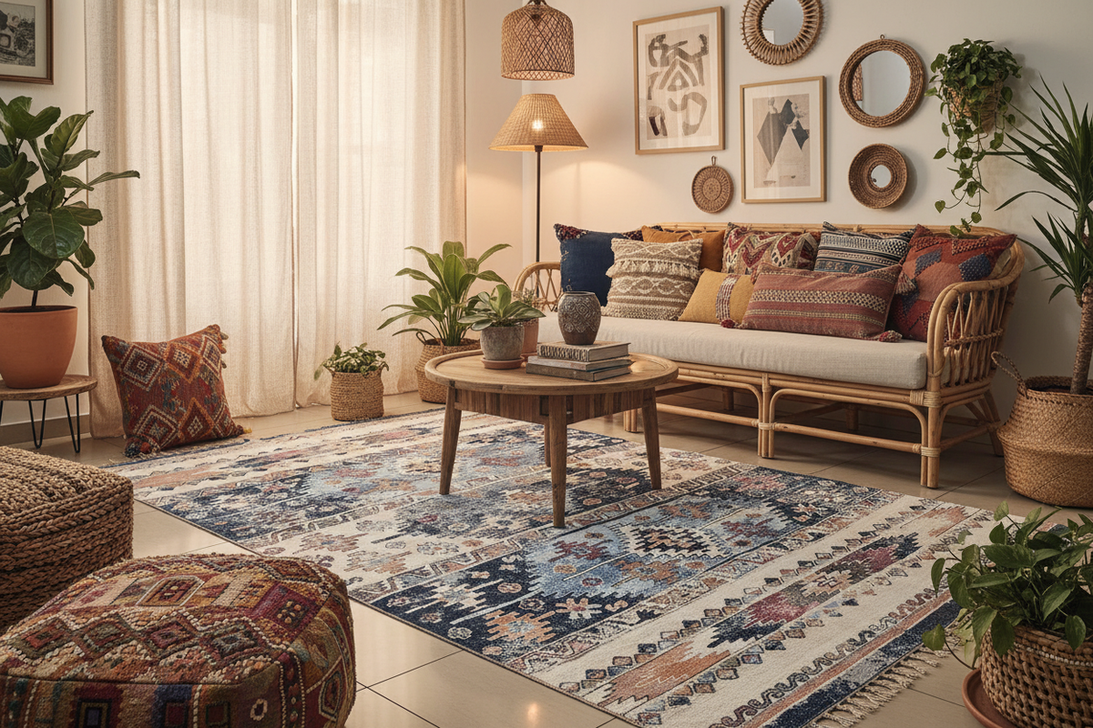 Alfombra kilim turca en ambiente living bohemio