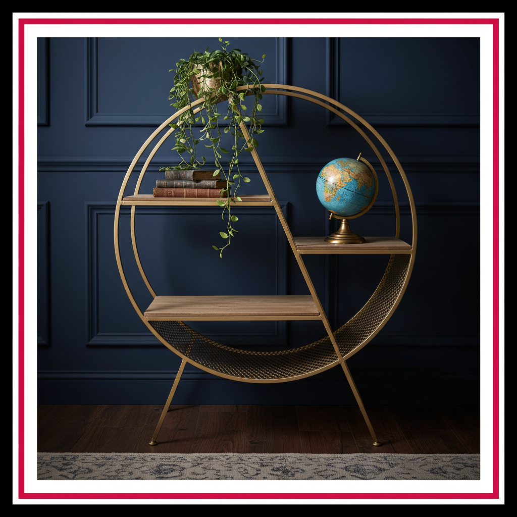 Estante circular dorado en home office con paredes verde oscuro