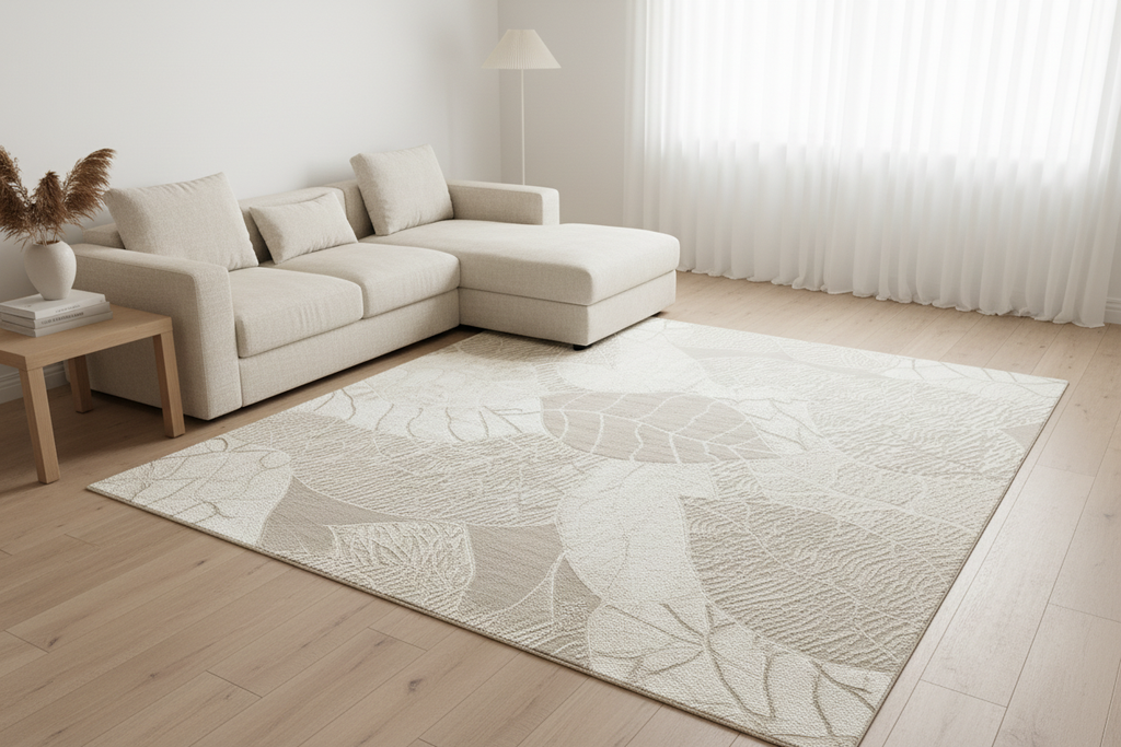 Alfombra hojas en living minimalista