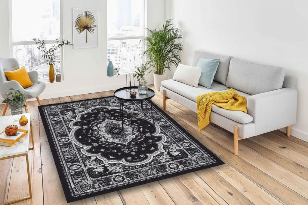 Alfombra persa negro gris en living minimalista