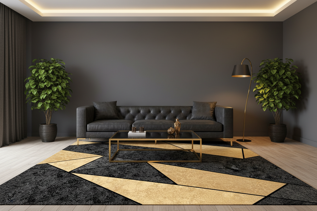 Alfombra geométrica negro dorado en living moderno
